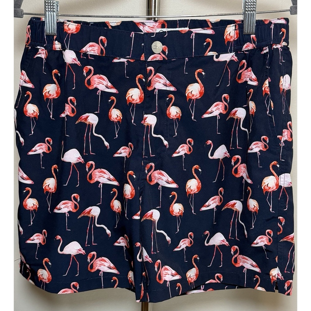 Mosmann Men's L Navy Pink Flamingo Swim Trunks Drawstring Elastic Waist Pockets